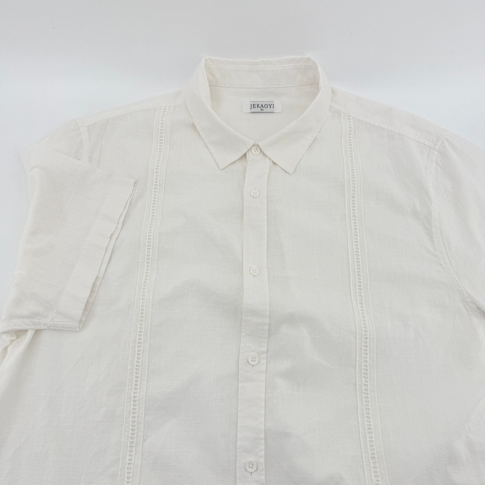 JEKAOYI Shirt Mens XL White Cotton Linen Guayabera Short Sleeve Button Down